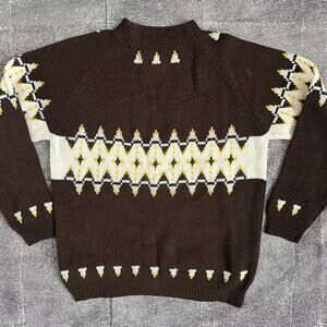 Men's Vintage 70's Turn 4 Brown White Acrylic Tribal Aztec Crewneck Sweater Sz M